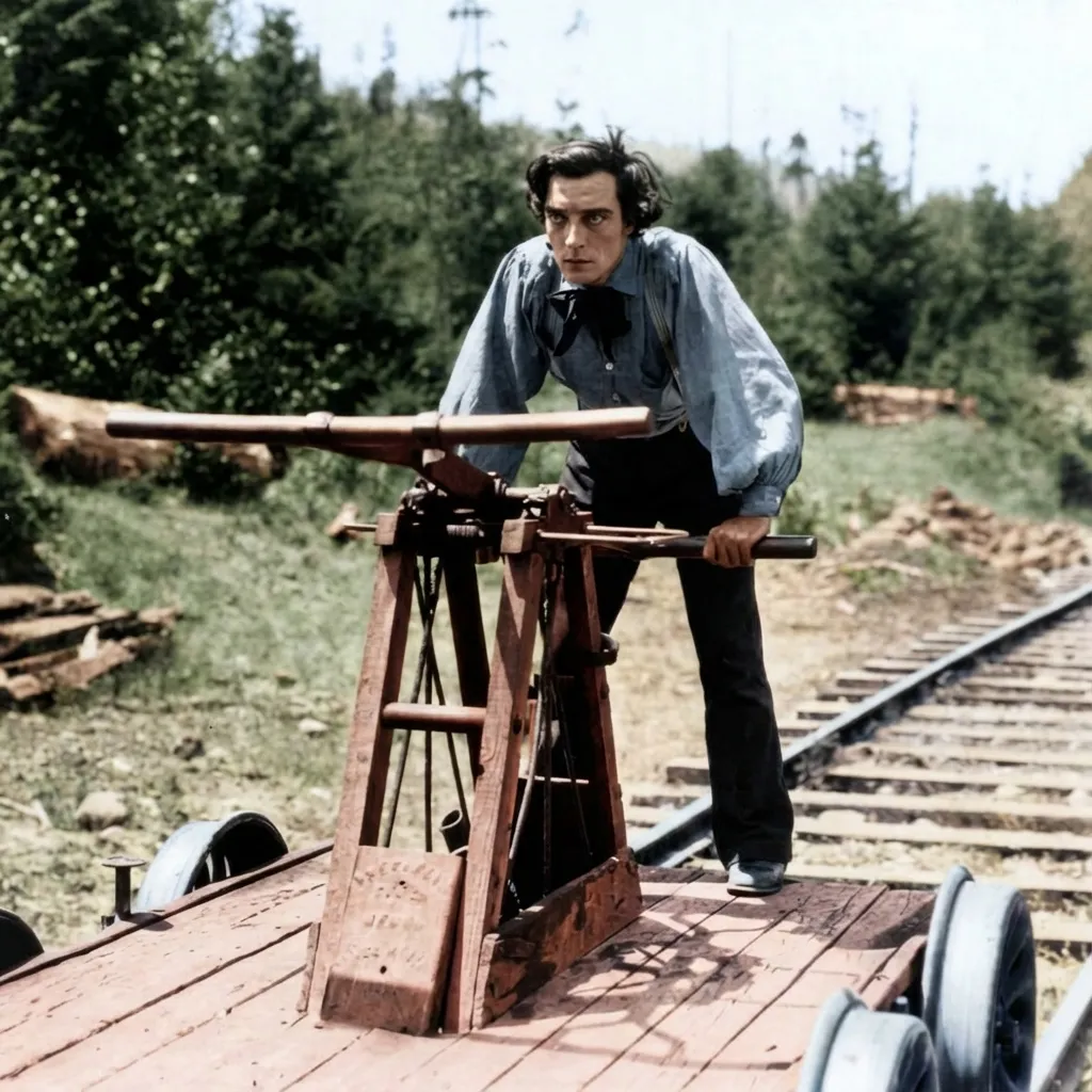 Buster Keaton on a handcar in The General