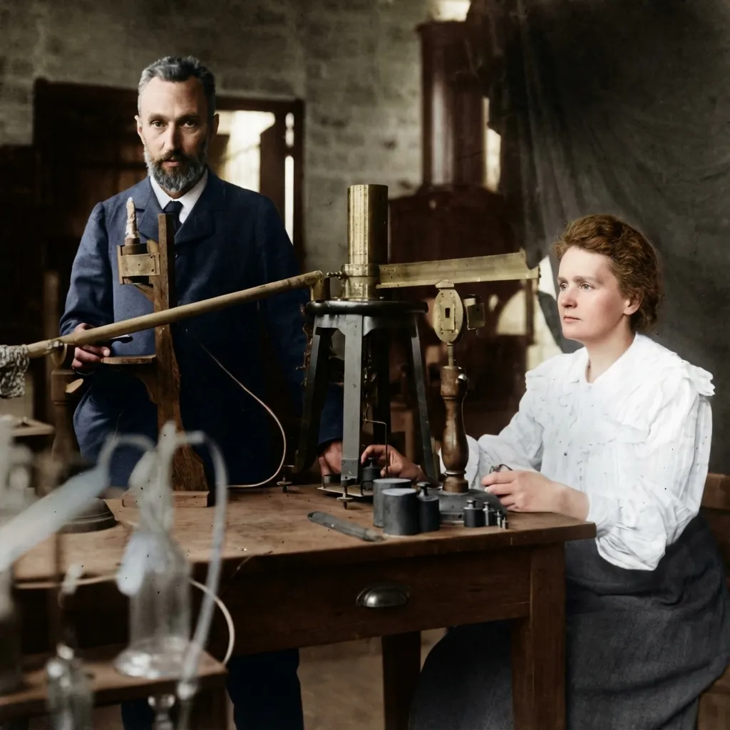 Marie and Pierre Curie in their laboratory